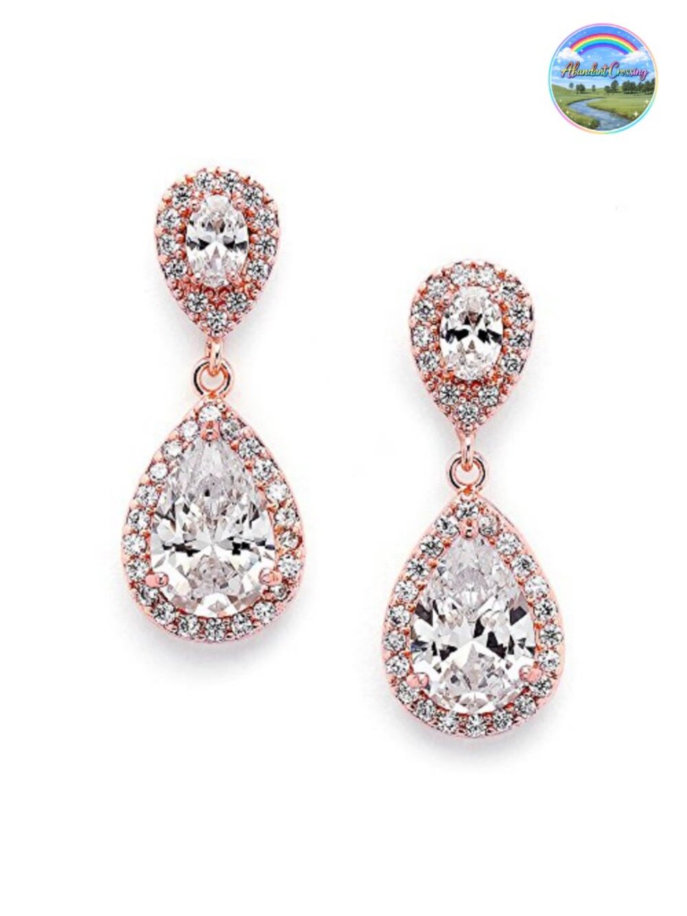 14K Rose Gold Plated CZ Teardrop Dangle Earrings 1.25" Bridal Wedding